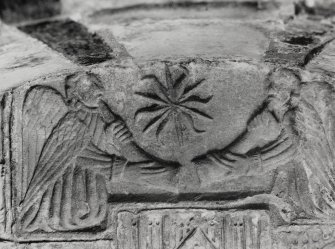 Interior.
Macleod's tomb, detail of carved panel showing two angels and the sun.