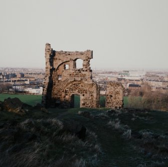 Holyrood Park: view of St Anthony's Chapel and Hermitage from S.
Background view of North Edinburgh, Leith and Inchkeith