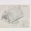 Loose notes and sketches. Reverse of DP0037804. Untitled pencil reconstruction of timber hall with annotated measurements for the Inner Hall.