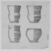 Drawings of prehistoric pottery found during excavations by Stuart Piggott at Cairnpapple Hill:
Nos.1 and 2 Beakers from North grave (Period II); no.3 Beaker from grave by stone-hole 8; no.4 Food-vessle from Cist A (Period III).