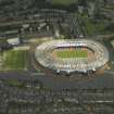 Hampden Park Stadium, Glasgow. 
Oblique aerial view of the football stadium, taken from the S.