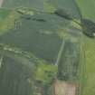 Oblique aerial view centred on the cropmarks of the rig and field boundaries with the remains of the tower-house, cottage and dovecot adjacent, taken from the NNW.