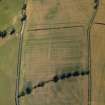 Oblique aerial view centred on the cropmarks of the Roman fort and fort annexes, taken from the WSW.