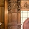 Interior. 1st floor, smoking room, detail of carved panel on left side of fireplace