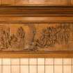 Interior. 1st floor, smoking room, detail of carved panel in fireplace