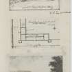 Digital copy of page 57: Engraving of Lord Dundonald's forest, near Farm of Geggie and ink sketches of South front and plan of Culross Abbey House. 
'MEMORABILIA, JOn. SIME  EDINr.  1840'