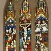 Interior. View of N transept stained glass window originally in the chancel 1861
