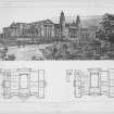 Glasgow, Kelvingrove Park, Kelvingrove Art Gallery and Museum.
Final competition design by Malcolm Stark and Rowntree, Glasgow. Perspective view and ground and first floor plans.
Insc: 'Glasgow Art Gallery Final Competition Design By Malcolm Stark and Rowntree, Glasgow'.