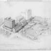 George Square, Appleton Tower.
Drawing showing aerial perspective from North.
Insc:   'University of Edinburgh    1st year science building:   Phase 1.'   'General View from N.'    
Signed:   'Alan Reiach'.