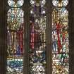 Interior. North Aisle View of stained glass window David c.1925 and Hezekiah and Josiah c.1950 all  by Douglas Strachan
