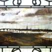 Interior. Ground floor dining room, detail of stained glass depicting a view of Glasgow in 1698