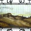 Interior. Ground floor dining room, detail of stained glass depicting a view of Edinburgh in 1693