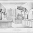 Digital copy of drawing of interior.
Sketch view including pulpit.