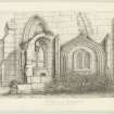 Part of Culross (abbey) Church with stone figure. (effigy of wife of John Stewart of Innermeath)
insc. 'from Nature by A.Archer. 23rd October 1835'