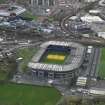 Oblique aerial view centred on Tynecastle Park stadium, Edinburgh, taken from the NNW.