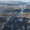 General oblique aerial view of Glasgow city centre looking W along thr River Clyde centred on the Glasgow Science centre taken from the E.