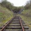 View from S of Whitrope railway tunnel mouth, S entrance.  Relaid railway track as part of Heritage Centre.