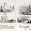 Engraving showing the Bell Rock works. 
Titled: 'Apparatus Connected With the Bell Rock Works'' and also 'View of the Sheer Crane', 'Front View of the Sheer Crane', 'Section of Praam-Boat', 'Moorings of the Praam-Boats', 'View of the Rock and Foundation Pit', 'Section of Attending Boat with Two-Half Boat', 'Stern View of Two-Half Boat'.