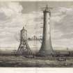 Engraving showing the construction of Bell Rock Lighthouse.
Titled: ''General view of the Bell Rock Works''.