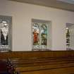 Interior. Rev David Scott and 23rd psalm stained glass windows. Detail