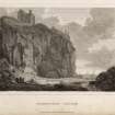Engraving of Dunnottar Castle on clifftop.
Titled 'Dunotter Castle ' and  (in pencil) 'Kincardine. 'London pub by Vernor & Hood, Poultry, Feb 1st 1805.'