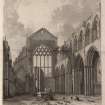 Engraving of interior of Holyrood Chapel, Edinburgh, looking east showing nave & side aisles.
Titled 'Interior of Holyrood Chapel. London, Published July 1, 1821 by Rodwell & Martin, New Bond Street.
Ddrawn & engraved by Edwd. Blore. Printed by McQueen & Co.'