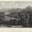Engraving of distant view of Penicuik House. Titled 'Penicuik, Midlothian.'