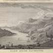 Engraving of view from Taymouth Castle of Loch Tay and Kenmore village & church. Titled 'IV, View from Taymouth. Stewart pinxt. P. Mazell sculp.'