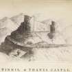 Engraving of Tinnis Castle from the NW. Titled 'Tinnis or Thanes Castle. Situated on the summit of a hill, on the north side of the burn of Pow Sail, which separates the church of Drumelzier from the grave of Merlin Caledonicus, near the head of Drumelzier haugh in Twedale, where this small rivulet falls ino Tweed. From the town of Drumelzier to the Castle a road has been cut, winding round the hill, which is very steep. This strong hold in former times belonged to the ancientThanes of Twedale, from whom it seems to have got its name. In the reign of Malcolm II. this Castle appears to have belonged to William de Tweedie, Lord Baron of Drumelzier. It is now the property of - Hay, Esq. of Drumelzier. This view is taken from the N. W. 1788.' [Adam de Cardonnel, "Picturesque Antiquities of Scotland," 1788.]