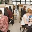 View of students working in the studio space of the Textiles department within Newbery Tower