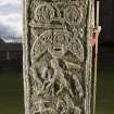 View of rear of Pictish cross slab at Elgin Cathedral (with scale)