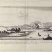 Pl.3.  View of Dumbarton Castle. Copy of a copper plate engraving titled 'Arx Britannodunensis ab oppido Cella Patricy dicto. The Castle of Dumbritton from Kilpatrick. This plate is most humbly inscribed to the Hon.ble Sir Robert Pollok Bart. Collonel and Governor of Fort William.'