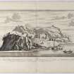 Pl.5 View of Dumbarton Castle from the east. Copy of copper plate engraving titled 'Facies Arcis Britannodunensis ab Oriente 
. The prospect of ye Castle of Dumbritton from ye east. This plate is most humbly inscribed to the Right Hon.ble the Lord Forrester etc.'