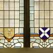 Interior. Main space. Typical stained glass side window. Detail