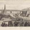 Engraving showing  general view of Edinburgh, including Royal Institution, Glasgow Rail, St Andrew's Church, Scott Monument, North Bridge, North British Rail and Calton Hill.    
Inscribed: 'EDINBURGH FROM THE BANK OF SCOTLAND'. 'Pubd at the Edinr. Bible Warehouse. Wm. Weddell, 32 Leith St.'