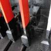 Interior. Signal Box. Detail of lever as it meets bench, by Stevens, Glasgow Pattern.