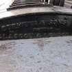 Interior. Signal Box. Detail of lever bench name plate, south end, by Stevens, Glasgow Pattern