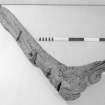This oak frame timber has many similarities to Perth07. In view of the relatively close spatial and chronological contexts within which they were found, both may be parts of the same vessel. The seating for the keel, as with Perth07, is 90 mm wide, while a similar 30-mm limber-hole is present. If they are from the same hull then the limber-holes, which must have been located along the same side of the keel to permit a free run of water, provide a relative orientation. This suggests that the two frames may come from towards the opposite ends of the vessel. Scale 50 cm. (Cat No 88/A12563)