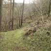 Modern access path cutting the mound of spoil to west of the great ditchbetween the inner and outer bailey, view from south west