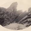 View of rock formations, including figure, on the beach of Kilchattan, Colonsay. Vignetted photograph
Titled: '143. Behind Kilchattan, Colonsay.'
PHOTOGRAPH ALBUM NO 186: J B MACKENZIE ALBUMS vol.1
