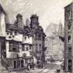 View of Candlemaker Row looking North West, Edinburgh.
Titled: "Porteous Mob Corner. Candlemaker Row looking towards the Grassmarket with Lord Brougham's birthplace on the right"