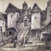 View of North side of White Horse Close in the Canongate, with date "1523" inscribed in gable above small middle window, and women about to hang out washing, Edinburgh.
Titled: 'White Horse Close, Canongate.'
