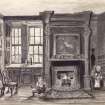 Interior view of house in Cant's Close on the High Street, Edinburgh.
Titled: 'The interior of a room in Cant's Close'.
Titled on verso: 'Interior of Cant's Close Lord Haliburton's House'.