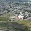 Oblique aerial view of Pittodrie Park Stadium and Trinity Cemetery, looking WSW.