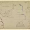 Plan and details, measurements at crossing, responds, pier bases, chancel base course and plan of piscina, Lindores Abbey.
