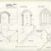 Elevations of recess in tower wall, door to nave in east wall of tower, window in north wall of chancel; plan of ceiling and details of jamb and arch mould, Culross Abbey.