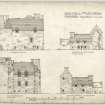 North and south elevations of Earlshall and elevations of outbuildings.
