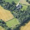Oblique aerial view of Pitcaple Castle, laundry and walled garden, looking S.