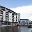 View of canal basin on Union Canal at Edinburgh Quay, Fountainbridge, Edinburgh, from the south