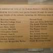 Ground floor, performing arts centre, detail of wooden plaque listing benefactors